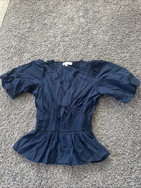 LOFT Navy Puff-Sleeve Smocked Peplum Blouse